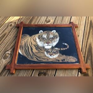 Vtg Tigers Portrait Japanese Silk Fabric Signed In Wood Picture Frame 22 X 19”